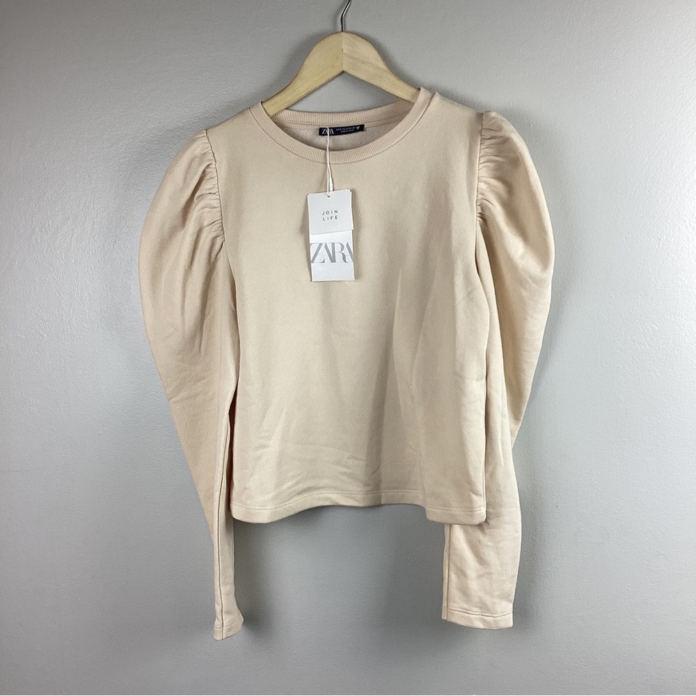 Zara Women’s Puff Sleeve Beige Cropped Crew Neck Pullover Sweatshirt Top S - NWT